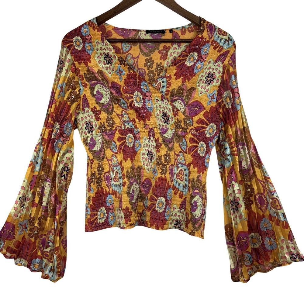 Le Caviar Blouse‎ Top Womens Large Yellow Ribbed Floral Bell Hippie Shimmer Boho